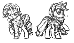 Size: 1466x850 | Tagged: safe, artist:whitediamonds, applejack, rarity, earth pony, pony, unicorn, clothes, female, grayscale, lesbian, monochrome, rarijack, scarf, shipping