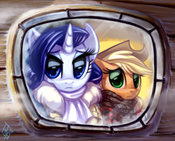 Size: 1575x1270 | Tagged: safe, artist:whitediamonds, applejack, rarity, earth pony, pony, unicorn, cold, fanfic, fanfic art, female, glass, lesbian, rarijack, sad, shipping, window