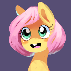 Size: 512x512 | Tagged: safe, artist:karzahnii, fluttershy, pegasus, pony, alternate hairstyle, blushing, bucktooth, cute, diabetes, female, filly, happy, open mouth, short hair, short mane, shyabetes, smiling, solo, younger