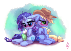 Size: 2200x1600 | Tagged: safe, artist:whitediamonds, applejack, rarity, earth pony, pony, unicorn, three's a crowd, blue flu, blushing, female, freckles, hat, lesbian, mare, rarijack, shipping, sick, sweat, tissue