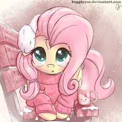 Size: 2700x2700 | Tagged: safe, artist:bugplayer, fluttershy, pegasus, pony, bench, bugplayer is trying to murder us, clothes, cute, cyan eyes, daaaaaaaaaaaw, digital art, earmuffs, female, hair accessory, hair tie, heart eyes, hello kitty, looking at you, lying, mare, mug, park bench, pink, pink hair, pink mane, pink sweater, pink tail, pom pom (clothes), ponytail, sanrio, shyabetes, signature, snow, snowfall, solo, sweater, sweatershy, weapons-grade cute, wingding eyes, winter, yellow coat