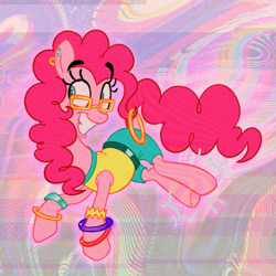 Size: 1153x1153 | Tagged: safe, artist:littmosa, pinkie pie, earth pony, pony, 80's style, belt, bracelet, clop your hooves, clothes, dancing, ear piercing, earring, error, female, fun, glasses, glitch, jewelry, pants, piercing, retro, shirt, smiling, t-shirt