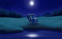 Size: 2560x1600 | Tagged: safe, artist:whitediamonds, edit, fluttershy, rainbow dash, pegasus, pony, duo, hug, moon, night, wallpaper, water, winghug