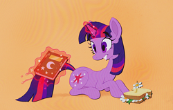 Size: 2168x1376 | Tagged: safe, artist:littmosa, twilight sparkle, unicorn twilight, pony, unicorn, book, daffodil and daisy sandwich, female, flower, food, lying down, magic, mare, orange background, prone, sandwich, simple background, smiling, solo, telekinesis