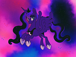 Size: 1657x1242 | Tagged: safe, artist:littmosa, princess luna, alicorn, pony, flying, jewelry, regalia, spread wings, wings