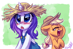 Size: 1200x800 | Tagged: safe, artist:whitediamonds, applejack, rarity, earth pony, pony, unicorn, simple ways, blushing, clothes, crying, eyes closed, female, freckles, frown, glare, hat, laughing, lesbian, mare, open mouth, rarihick, rarijack, rarijack daily, shipping, smiling, tumblr