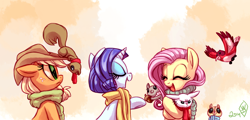 Size: 1280x613 | Tagged: safe, artist:whitediamonds, angel bunny, applejack, fluttershy, rarity, bird, chipmunk, earth pony, pegasus, pony, squirrel, unicorn, acorn, clothes, eyes closed, female, freckles, hat, lesbian, looking at each other, mare, open mouth, rarijack, rarijack daily, scarf, shipping