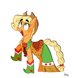 Size: 1024x1070 | Tagged: safe, artist:littmosa, applejack, earth pony, pony, boots, braided tail, clothes, cowboy boots, dress, gala dress, open mouth, ponytail, raised hoof, simple background, solo, white background