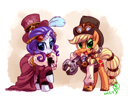 Size: 1280x981 | Tagged: safe, artist:whitediamonds, applejack, rarity, earth pony, pony, unicorn, clothes, dirty, dress, feather, female, goggles, hat, jewelry, lesbian, looking at you, mud, open mouth, rarijack, rarijack daily, shipping, steampunk, tumblr, wrench