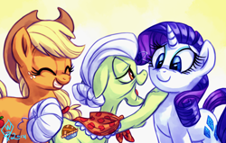 Size: 1280x812 | Tagged: safe, artist:whitediamonds, applejack, granny smith, rarity, earth pony, pony, unicorn, approval, eyes closed, female, floppy ears, freckles, grin, hat, lesbian, looking at each other, mare, open mouth, rarijack, rarijack daily, shipping, smiling, tumblr