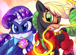 Size: 1024x750 | Tagged: safe, artist:whitediamonds, applejack, mistress marevelous, radiance, rarity, earth pony, pony, unicorn, power ponies (episode), clothes, female, lesbian, mare, power ponies, rarijack, rarijack daily, shipping