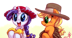 Size: 1280x683 | Tagged: safe, artist:whitediamonds, applejack, rarity, earth pony, pony, unicorn, alternate hairstyle, cute, female, hat, jessie (toy story), lesbian, open mouth, raribetes, rarijack, rarijack daily, shipping, smiling, the man with no name, toy story