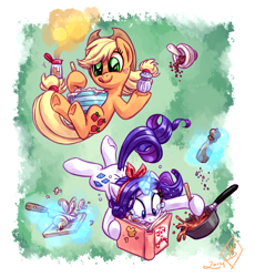 Size: 1750x1900 | Tagged: safe, artist:whitediamonds, applejack, rarity, earth pony, pony, unicorn, bandana, book, bowl, cooking, crying, female, food, freckles, hat, knife, lesbian, levitation, licking lips, magic, mare, messy, mortar and pestle, onion, rarijack, rarijack daily, shipping, this will end in tears and/or breakfast, tongue out, tumblr