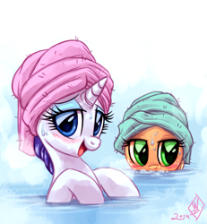 Size: 1225x1325 | Tagged: safe, artist:whitediamonds, applejack, rarity, earth pony, pony, unicorn, bath, bedroom eyes, blushing, female, hot, lesbian, looking at you, mare, open mouth, rarijack, rarijack daily, shipping, spa, steam, sweat, towel, towel on head, water