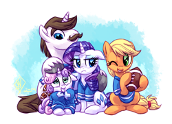 Size: 1280x928 | Tagged: safe, artist:whitediamonds, applejack, hondo flanks, rarity, sweetie belle, earth pony, pony, unicorn, american football, clothes, cute, diasweetes, family, female, hoofball, jersey, lesbian, lidded eyes, rarijack, rarijack daily, shipping, shirt