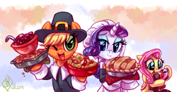 Size: 1280x671 | Tagged: safe, artist:whitediamonds, applejack, fluttershy, rarity, earth pony, pegasus, pony, unicorn, apple pie, bonnet, clothes, female, food, freckles, hat, lesbian, looking at you, mare, one eye closed, open mouth, pie, pilgrim hat, pilgrim outfit, rarijack, rarijack daily, shipping, thanksgiving, turkey, wink