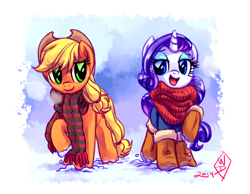 Size: 1280x993 | Tagged: safe, artist:whitediamonds, applejack, rarity, earth pony, pony, unicorn, boots, clothes, fashion, female, hat, lesbian, mare, open mouth, rarijack, rarijack daily, scarf, shipping, shoes, smiling, snow, winter, winter outfit