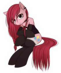 Size: 828x980 | Tagged: safe, artist:umeguru, pinkie pie, earth pony, pony, semi-anthro, unguligrade anthro, clothes, evening gloves, female, frown, gloves, goth, lace, looking at you, mare, piercing, pinkamena diane pie, sad, socks, solo, stockings, thigh highs