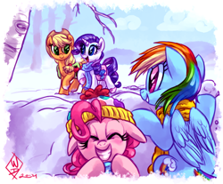 Size: 1150x950 | Tagged: safe, artist:whitediamonds, applejack, pinkie pie, rainbow dash, rarity, earth pony, pegasus, pony, unicorn, clothes, eyes closed, female, grin, hat, headband, laughing, lesbian, mare, open mouth, rarijack, rarijack daily, scarf, shipping, smiling, snow, winter