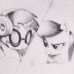 Size: 1024x1024 | Tagged: safe, artist:theasce, dj pon-3, octavia melody, vinyl scratch, earth pony, pony, unicorn, slice of life (episode), glasses, headphones, monochrome, traditional art