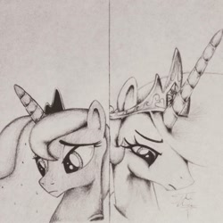 Size: 1004x1004 | Tagged: safe, artist:theasce, princess celestia, princess luna, alicorn, pony, monochrome, traditional art