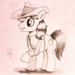 Size: 1024x1024 | Tagged: safe, artist:theasce, braeburn, appleoosa's most wanted, broken leg, monochrome, solo, traditional art