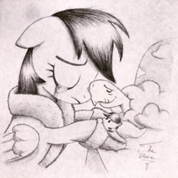 Size: 1024x1024 | Tagged: safe, artist:theasce, rainbow dash, tank, pegasus, pony, tanks for the memories, bathrobe, beautiful, clothes, crying, monochrome, robe, slippers, traditional art