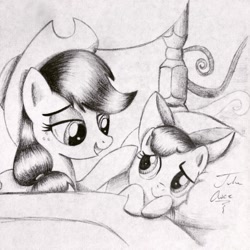 Size: 1024x1024 | Tagged: safe, artist:theasce, apple bloom, applejack, earth pony, pony, bloom and gloom, monochrome, sisters, traditional art