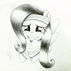 Size: 1024x1024 | Tagged: safe, artist:theasce, fluttershy, pegasus, pony, blushing, looking at you, monochrome, solo, sweatband, traditional art