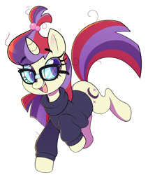 Size: 2894x3414 | Tagged: safe, artist:norithecat, moondancer, pony, unicorn, accessories, clothes, dancerbetes, digital, eyelashes, female, glasses, hairtie, happy, horn, mare, messy hair, messy mane, open mouth, open smile, running, simple background, smiling, solo, sweater, turtleneck, white background