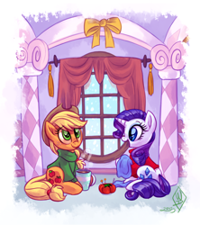 Size: 1280x1440 | Tagged: safe, artist:whitediamonds, applejack, rarity, earth pony, pony, unicorn, carousel boutique, clothes, cold, female, freckles, hat, lesbian, mare, mug, open mouth, rarijack, rarijack daily, scarf, shipping, shirt, sitting, smiling, snow, snowfall, sweater, window