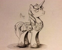 Size: 2048x1660 | Tagged: safe, artist:theasce, shining armor, pony, unicorn, armor, monochrome, solo, traditional art