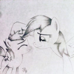 Size: 1024x1024 | Tagged: safe, artist:theasce, rainbow dash, scootaloo, pegasus, pony, crusaders of the lost mark, cutie mark, monochrome, scootalove, the cmc's cutie marks, traditional art