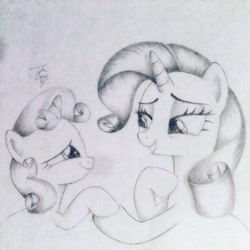 Size: 1024x1024 | Tagged: safe, artist:theasce, rarity, sweetie belle, pony, unicorn, crusaders of the lost mark, holding hooves, monochrome, sisters, tears of joy, traditional art