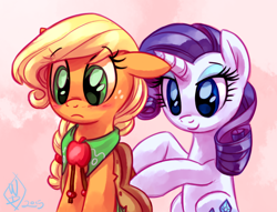 Size: 950x725 | Tagged: safe, artist:whitediamonds, applejack, rarity, earth pony, pony, unicorn, the best night ever, alternate hairstyle, blushing, clothes, dress, female, freckles, gala dress, hatless, lesbian, mare, missing accessory, rarijack, rarijack daily, scarf, shipping