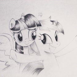 Size: 2447x2447 | Tagged: safe, artist:theasce, minuette, twilight sparkle, twilight sparkle (alicorn), alicorn, pony, amending fences, female, mare, monochrome, pencil drawing, signature, smiling, spread wings, traditional art