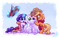 Size: 1280x829 | Tagged: safe, artist:whitediamonds, applejack, rarity, earth pony, pony, unicorn, angry, argument, blushing, carrot, clothes, female, freckles, hat, lesbian, looking at each other, magic, mare, open mouth, rarijack, rarijack daily, scarf, shipping, snow, snowman, snowpony, winter