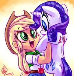 Size: 825x850 | Tagged: safe, artist:whitediamonds, applejack, rarity, pony, equestria girls, cute, female, holding a pony, jackabetes, lesbian, raribetes, rarijack, rarijack daily, shipping