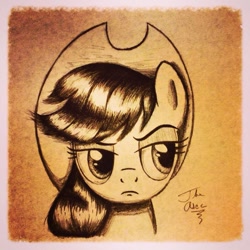 Size: 1024x1024 | Tagged: safe, artist:theasce, applejack, earth pony, pony, drawing, monochrome, portrait, serious face, signature, solo, unconvinced applejack