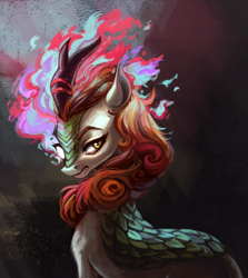 Size: 1337x1500 | Tagged: safe, artist:weird--fish, autumn blaze, kirin, autumn blaze is not amused, duality, female, fire, heterochromia, imminent nirik, solo