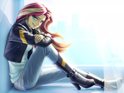 Size: 2200x1650 | Tagged: safe, artist:murskme, sunset shimmer, equestria girls, beautiful, boots, clothes, female, grin, high heel boots, jacket, leather jacket, looking at you, pants, shoes, sitting, smiling, smirk, solo, window