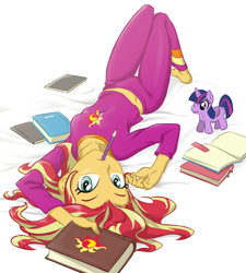 Size: 900x1000 | Tagged: safe, artist:ta-na, sunset shimmer, twilight sparkle, twilight sparkle (alicorn), equestria girls, adorasexy, barefoot, book, clip studio paint, clothes, cute, feet, female, looking at you, midriff, mouth hold, on back, pajamas, pencil, plushie, sexy, shimmerbetes, solo, stupid sexy sunset shimmer, sunset shimmer's book