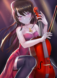 Size: 800x1091 | Tagged: safe, artist:tzc, octavia melody, equestria girls, anime, beautiful, bedroom eyes, bow (instrument), breasts, cello, classy, cleavage, clothes, crepuscular rays, cutie mark accessory, cutie mark necklace, dress, female, jewelry, looking at you, musical instrument, necklace, pretty, sitting, socks, solo, thigh highs