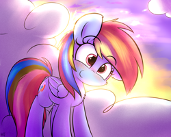 Size: 2000x1600 | Tagged: safe, artist:heavymetalbronyyeah, rainbow dash, pegasus, pony, backlighting, blushing, cheek fluff, chest fluff, cloud, cute, dashabetes, female, head tilt, leg fluff, mare, on a cloud, sidemouth, sky, smiling, solo, sweet dreams fuel