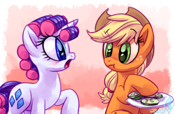 Size: 1150x750 | Tagged: safe, artist:whitediamonds, applejack, rarity, earth pony, pony, unicorn, alternate hairstyle, blushing, cucumber, eating, female, food, hair curlers, lesbian, open mouth, raised hoof, rarijack, rarijack daily, shipping, silly, silly pony