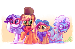 Size: 1280x842 | Tagged: safe, artist:whitediamonds, idw, applejack, babs seed, rarity, trixie, earth pony, pony, unicorn, spoiler:comic, spoiler:comic22, bandana, bonnet, clothes, costume, disguise, dress, female, floppy ears, frown, glasses, hat, mare, moustache, neckerchief, raised hoof, scarf, top hat, unamused, wig