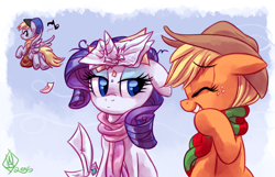 Size: 1280x823 | Tagged: safe, artist:whitediamonds, applejack, derpy hooves, rarity, earth pony, pony, unicorn, bag, clothes, female, lesbian, letter, mailbag, mailmare, rarijack, rarijack daily, rarity is not amused, scarf, shipping, unamused