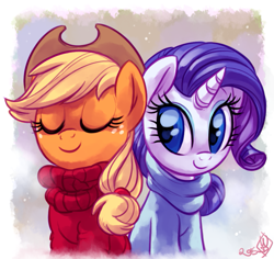 Size: 925x875 | Tagged: safe, artist:whitediamonds, applejack, rarity, earth pony, pony, unicorn, clothes, eyes closed, female, freckles, hat, lesbian, mare, rarijack, rarijack daily, shipping, shirt, smiling, sweater