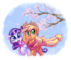 Size: 1280x1086 | Tagged: safe, artist:whitediamonds, applejack, rarity, earth pony, pony, unicorn, cherry blossoms, clothes, female, grin, hat, lesbian, mare, open mouth, raised hoof, rarijack, rarijack daily, scarf, shipping, smiling