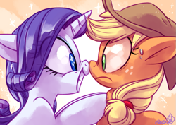 Size: 1025x725 | Tagged: safe, artist:whitediamonds, applejack, rarity, earth pony, pony, unicorn, boop, female, freckles, frown, grin, hat, lesbian, looking at each other, mare, noseboop, rarijack, rarijack daily, shipping, smiling, sweat, sweatdrop